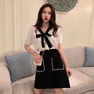 Short-sleeve Tie-neck Top Top - One Size