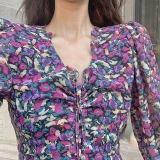 Bell-sleeve Mini Floral Chiffon Dress As Shown In Figure - One Size