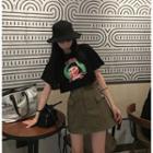 Short-sleeve Cartoon Print T-shirt / A-line Cargo Skirt