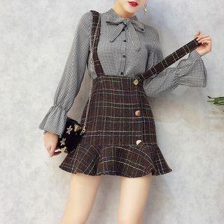Set: Plaid Tie-neck Blouse + Jumper Skirt