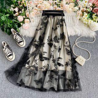 Butterfly Embroidered Mesh Midi Skirt