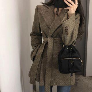 Herringbone Woolen Blazer With Sash