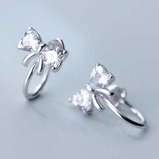 925 Sterling Silver Rhinestone Bow Earring S925 Silver - Clip On Earring - Bow - One Size