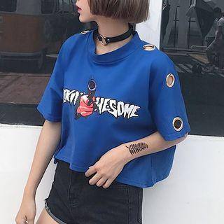 Grommet-accent Printed Cropped T-shirt