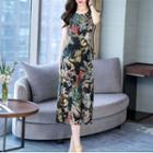 Set: Floral Short-sleeve Blouse + Cropped Wide-leg Pants