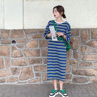 Striped Slit-hem T-shirt Dress