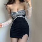 Long Sleeve Off-shoulder Lace Panel Slit Mini Bodycon Dress