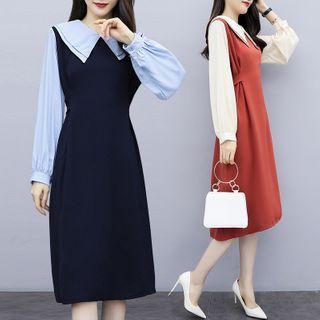 Long-sleeve Collar Paneled Midi A-line Dress