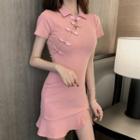 Short-sleeve Frog-buttoned Mini Bodycon Dress
