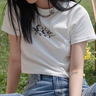 Cartoon Print Round Neck Skinny Short Sleeve Crop Top
