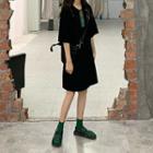 Elbow-sleeve Contrast Trim Mini Polo Dress Black - One Size