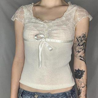 Short Sleeve Lace-panel Tie-front Ruffled-trim Crop Top