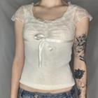 Short Sleeve Lace-panel Tie-front Ruffled-trim Crop Top