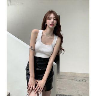 Plain Tank Top / Faux Leather Mini A-line Skirt