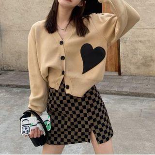 Heart Cropped Cardigan / Checkerboard Mini A-line Skirt