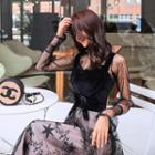 Set: Long-sleeve Lace Top + Sleeveless A-line Midi Dress