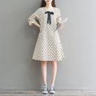 Dotted Tie-neck Long-sleeve A-line Corduroy Dress
