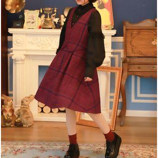 Plaid V-neck Pinafore Dress / Long-sleeved Blouse