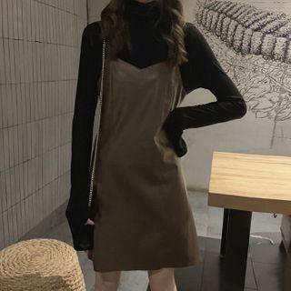 Faux Leather A-line Dress / Mock-neck Long-sleeve T-shirt