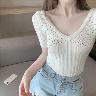 V-neck Eyelet Knit Crop Top