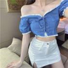 Off-shoulder Lace-trim Lace-up Denim Cropped Top Blue - One Size