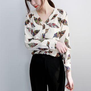 Long-sleeve Leaf Print Chiffon Blouse