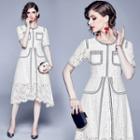 Short-sleeve Contrast Trim A-line Lace Dress