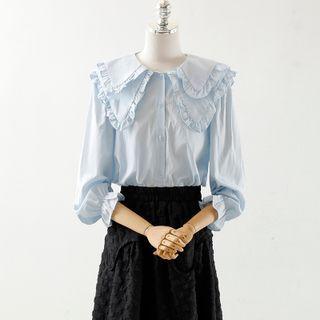 Puff-sleeve Ruffle Trim Blouse / Midi A-line Skirt