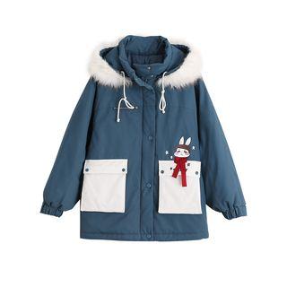 Faux-fur Hooded Rabbit Print Jacket