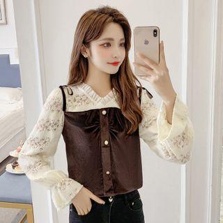 Mock Two-piece Lace Panel Velvet Blouse
