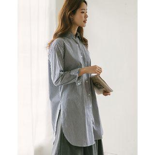 Round-hem Long Striped Shirt