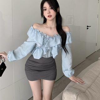 Off-shoulder Ruffle Blouse / Mini Pencil Skirt