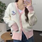 Cartoon Embroidered Cardigan Off-white & Pink - One Size