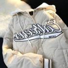 Lettering Embroidered Quilted Hooded Button Jacket