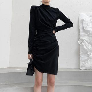 Long-sleeve Shoulder-padded Mini Sheath Dress