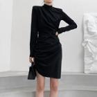 Long-sleeve Shoulder-padded Mini Sheath Dress