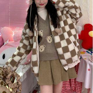 Reversible Checkerboard Fleece Zip Jacket Checkerboard - Brown & White - One Size