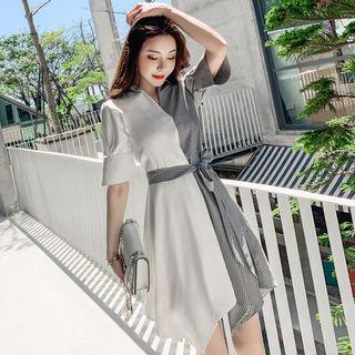 Striped Panel Elbow-sleeve Asymmetric A-line Dress