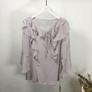 Patterned Ruffle Trim Elbow Sleeve Blouse