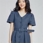 Puff-sleeve Linen Blend Dress With Belt
