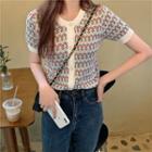 Flower Jacquard Short-sleeve Knit Cardigan As Shown In Figure - One Size