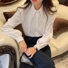Lapel Faux Pearl Long-sleeve Shirt White - One Size