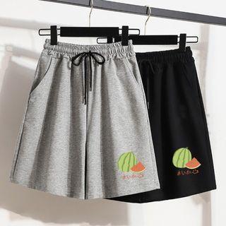 Watermelon Print Drawstring-waist Shorts