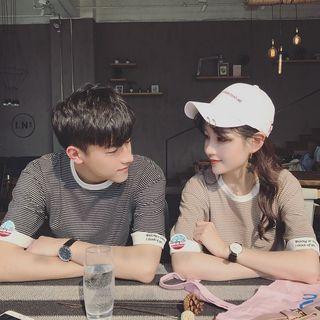 Couple Matching Embroidered Striped Short-sleeve T-shirt