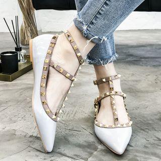 Faux Leather Studded T-strap Pointed Flats
