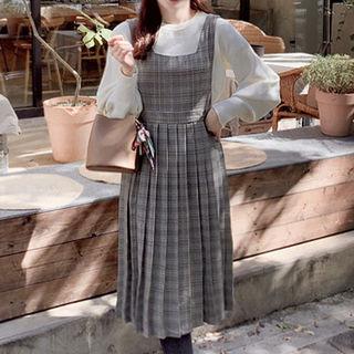 Pleated-hem Checked Suspender Dress
