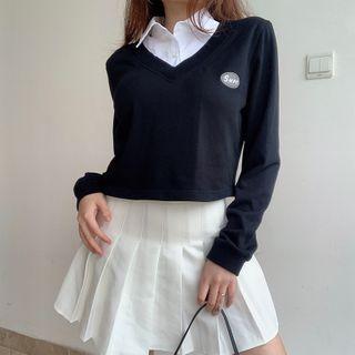 Mock Two-piece Lettering Print Cropped Collared Sweatshirt