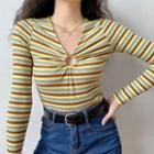 Cut-out Striped Long-sleeve Top