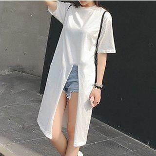 Front Slit Elbow Sleeve Longline T-shirt