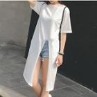 Front Slit Elbow Sleeve Longline T-shirt